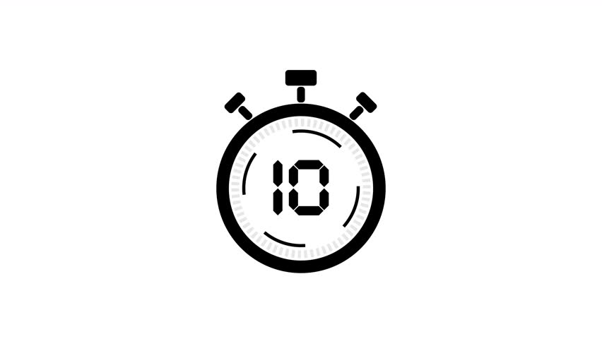 10 Second Stopwatch Countdown Timer in Black Color on Transparent Background. 4k video