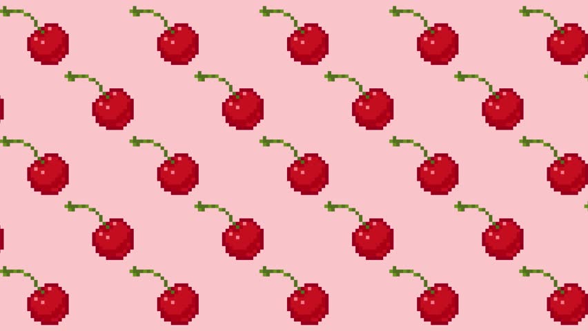 Looping animated seamless pattern of cherries in pixel art style. Cute red cherries gently swaying on a soft pink background. Animation for digital design, retro games, and creative UI elements.