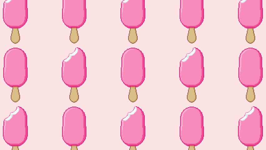 Looping pixel art animation of pink ice cream bars gently swaying. Retro dessert design with playful motion background, perfect for summer-themed digital content.