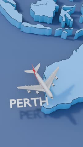 abstract illustration of a world map with a flight from London to Perth, the concept of air travel
