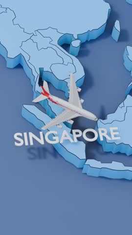 abstract illustration of a world map with a flight from London to Singapore, the concept of air travel