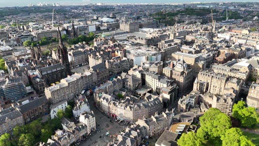 Drone view of Edinburgh city center architecture in Scotland, United Kingdom