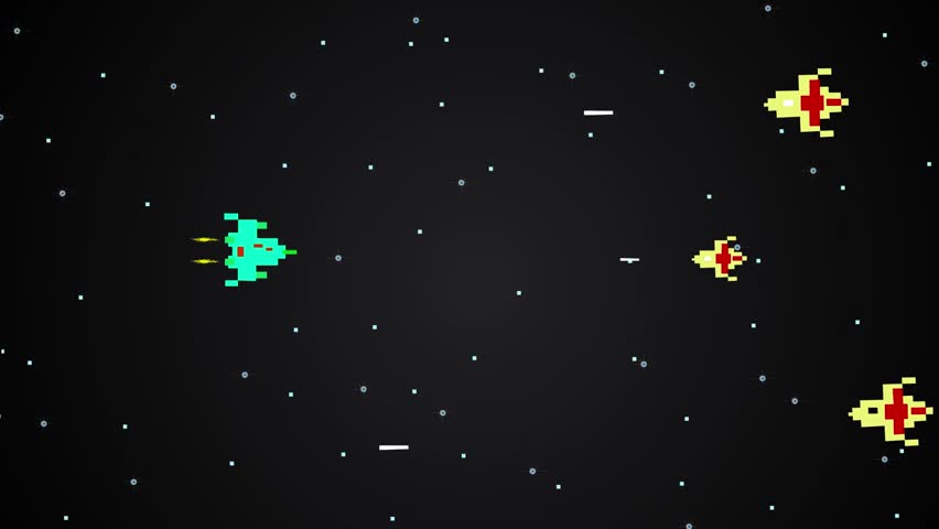 Animated video of a spaceship in 2d pixel art style shooting enemies, art, game, stars.