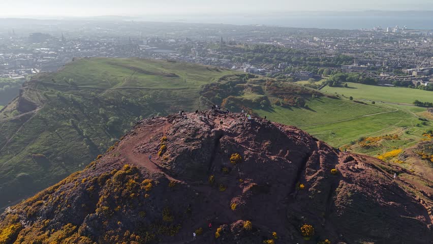 Aerial shot of Arthur's Seat in Holyrood Park, Edinburgh, Scotland