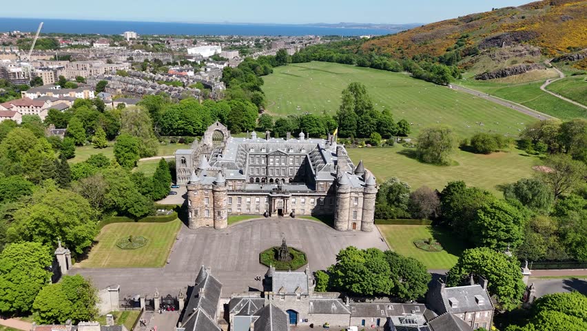 Aerial shot of Palace of Holyroodhouse in Edinburgh, Scotland, United Kingdom