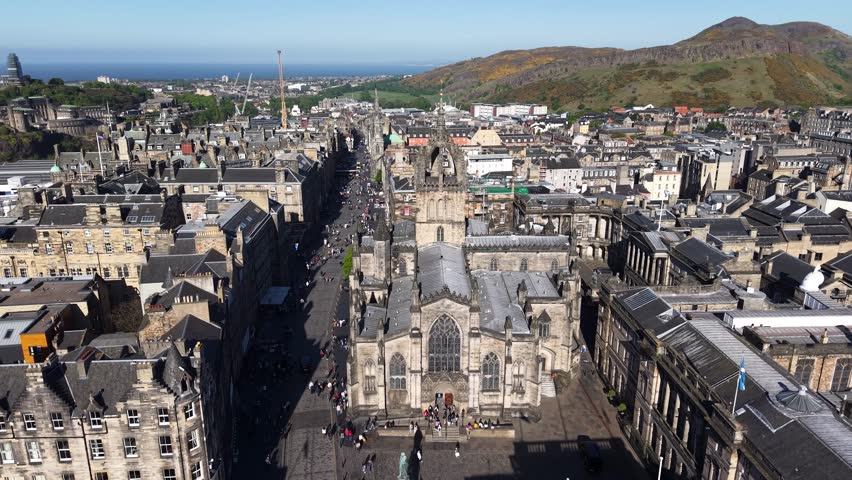 Aerial footage of St Giles Cathedral in Edinburgh, Scotland, United Kingdom