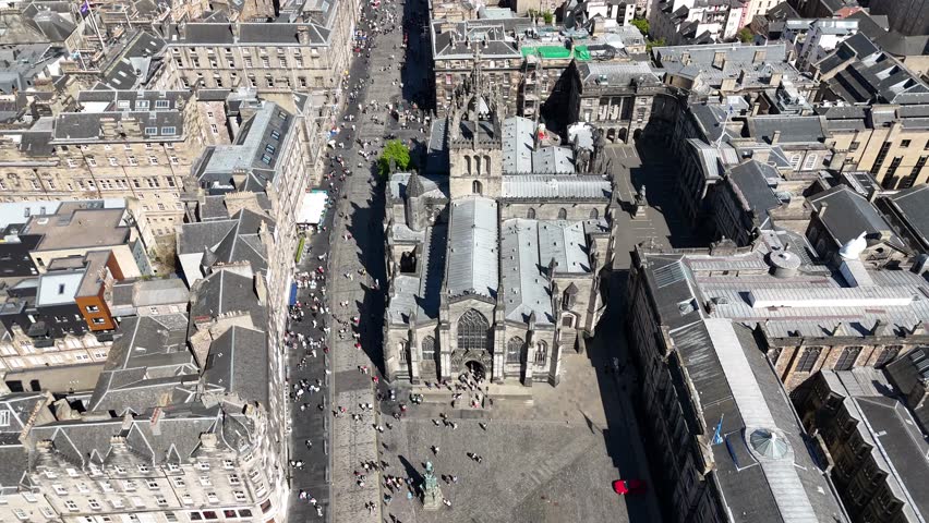 Drone shot of St Giles Cathedral in Edinburgh, Scotland, United Kingdom