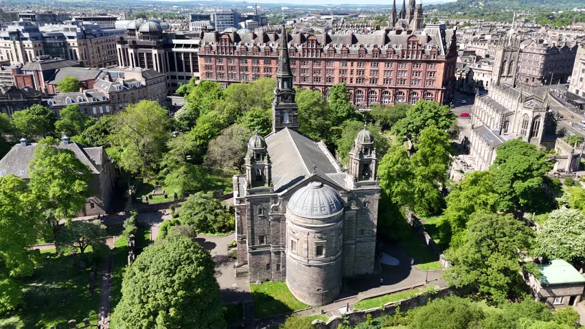Aerial shot of Parish Church of St Cuthbert in Edinburgh, Scotland, UK