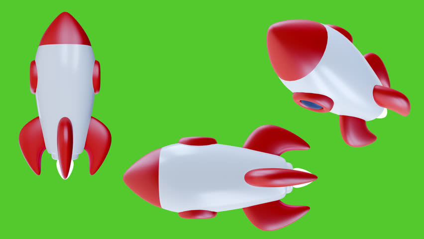 Launch and flying cartoon rocket or spaceship on chroma key color. Set loopable 3d animation on green screen background.