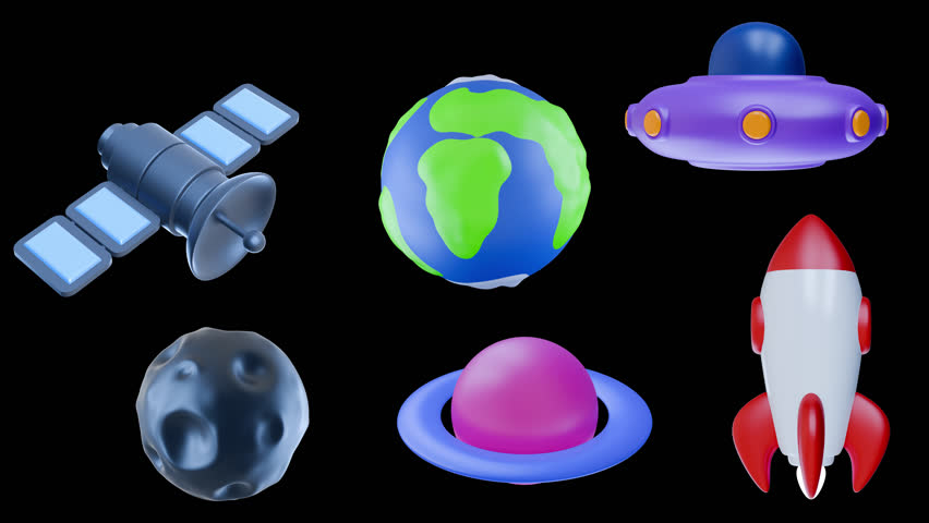 Set of 3d realistic cartoon space elements. Rocket, ufo, satellite, planet, meteorite. Collection glossy cute children objects in minimal style. 3d animation with alpha matte channel.