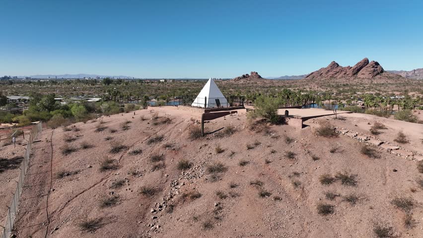 Aerial view of Hunts Tomb surrounded by rugged desert landscape and mountains, Tempe, Arizona, United States.