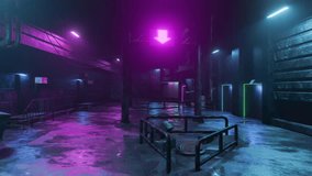 Futuristic cyberpunk alley at night with neon lights, rain, wet asphalt, pipes, and glowing signs. Seamless 3D loop animation, ideal for sci-fi, tech, or game backgrounds. - Powered by Shutterstock - Get 15% off with code: PIKWIZARD15