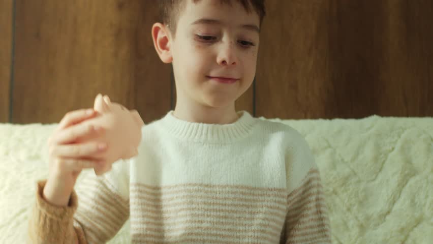 A child is saving coins in a piggy bank, shown in close-up. The child holds a yellow piggy bank, shakes it to check the money inside, then drops more coins into it. Child are financially well-off.