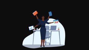 Multitasking African businesswoman with calendar, analytics, books and documents – seamless 2D animation loop in 4K with alpha channel, ideal for planning, productivity and office management - Powered by Shutterstock - Get 15% off with code: PIKWIZARD15