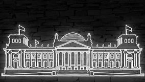 Detailed Reichstag building in Berlin neon sign on dark brick wall illuminated 3d illustration, 10s 4k video animation, flickering, special effects, add your own text and send by email text - Powered by Shutterstock - Get 15% off with code: PIKWIZARD15