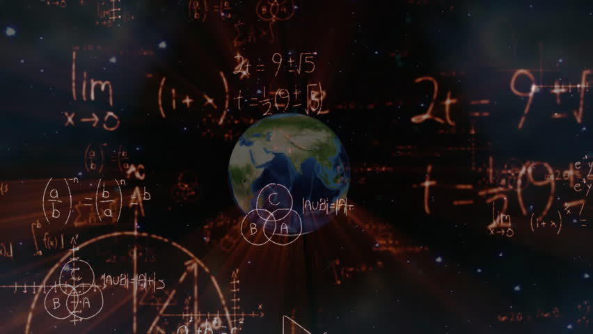 Opening on star field, 3D globe showing equations, formulas, beams illustrating global math links. Cosmology, data visualization, digital art, educational, scientific, futuristic, global analytics - Powered by Shutterstock - Get 15% off with code: PIKWIZARD15