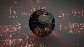Opening with rotating globe emerging centrally, red equations fading around globe for math modeling. Geography, data visualization, abstract, digital art, innovation, science, technology - Powered by Shutterstock - Get 15% off with code: PIKWIZARD15