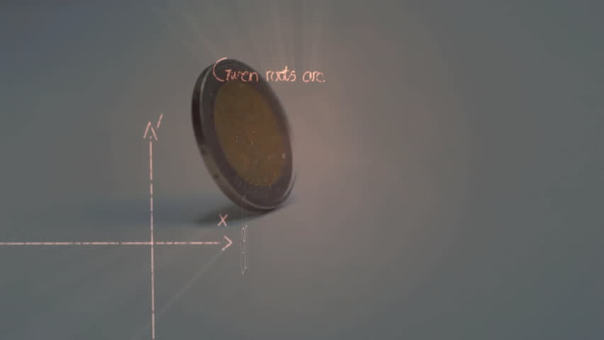 Upward flicking coin flipping and spinning against chalkboard, wobbling landing showing momentum. Rotation, physics, dynamics, education, mathematical, abstract, motion