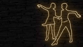 Couple dancing golden neon sign on dark brick wall illuminated 3d illustration, 10s 4k video animation, flickering, special effects, add your own text and send by email text, use for social media - Powered by Shutterstock - Get 15% off with code: PIKWIZARD15