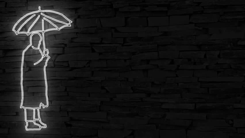 Man with umbrella silver neon sign on dark brick wall illuminated 3d illustration, 10s 4k video animation, flickering, special effects, add your own text and send by email text, use for social media