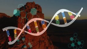 Starting dusk mesa hexagons fading DNA helix emerging sweeping across scrolling code for genomics. Technological, futuristic, scientific, digital, innovative, educational, data - Powered by Shutterstock - Get 15% off with code: PIKWIZARD15