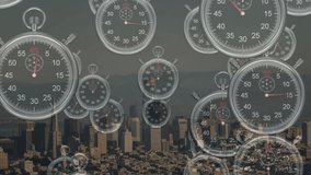 Rising stopwatches cascading into cluster obscuring city skyline, showing time buildup. Timing, abstraction, motion, urban, silhouettes, layering, conceptual - Powered by Shutterstock - Get 15% off with code: PIKWIZARD15