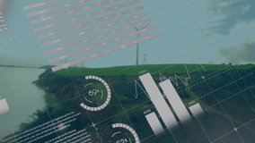 Dashboard appearing on coastal cliff starting gauge and chart shifting showing turbine performance. Technology, marine, sustainability, visualization, analytics, energy, natural - Powered by Shutterstock - Get 15% off with code: PIKWIZARD15
