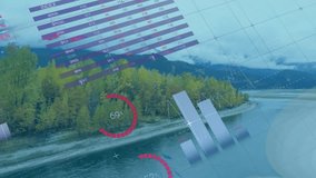 On opening fading in translucent data dashboard over aerial river valley, showing market trends. Finance, analytics, dashboard, technology, data visualization, industry, investment - Powered by Shutterstock - Get 15% off with code: PIKWIZARD15