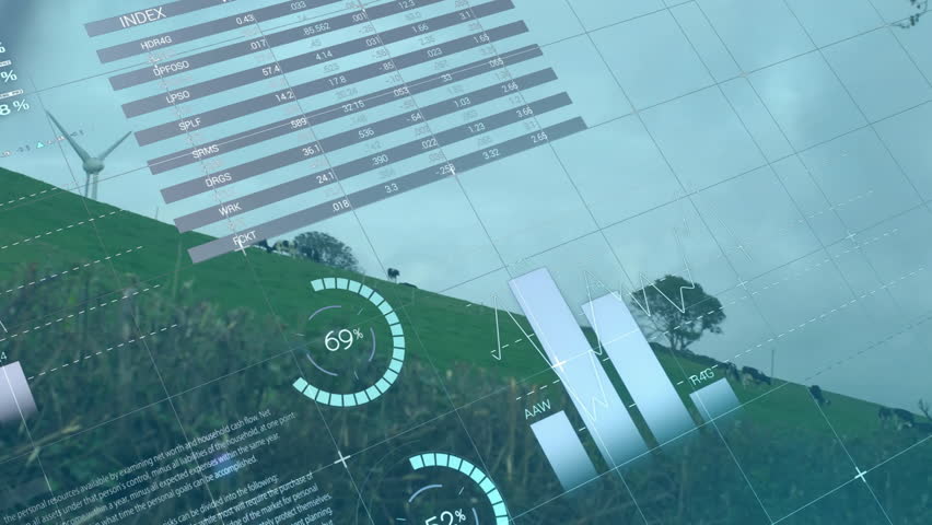 Grid showing and causing table and charts updating and turbine blades rotating for energy analysis. Renewable, sustainability, analytics, digital, environment, modern, innovation