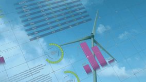 clear sky starting data visuals fading in as wind turbine blades rotating and illustrating output. Sustainable, renewable, visualization, analytics, innovation, technology, environmental - Powered by Shutterstock - Get 15% off with code: PIKWIZARD15