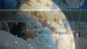 Tech adjusting mask and doctor checking vitals before nurse projecting 3D globe linking data nodes. Healthcare, medicaltechnology, digitalhealth, telemedicine, collaboration, innovation, futuristic - Powered by Shutterstock - Get 15% off with code: PIKWIZARD15