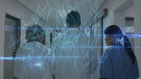 medical team walking corridor, nurse speaking, doctor pointing room, pulsing overlay for diagnosis. Healthcare, collaboration, technology, professionalism, modern, hospital, analytics - Powered by Shutterstock - Get 15% off with code: PIKWIZARD15