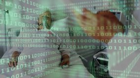 Senior physician glancing at gowned patient then browsing tablet for records with binary code. Medical, healthcare, digital, technology, data, professional, consultation - Powered by Shutterstock - Get 15% off with code: PIKWIZARD15