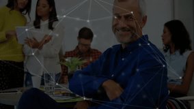 Frames advancing, network overlay emerging as team lead guiding tablet collaboration for business. Collaboration, teamwork, digital connectivity, innovation, professional, modern, communication - Powered by Shutterstock - Get 15% off with code: PIKWIZARD15