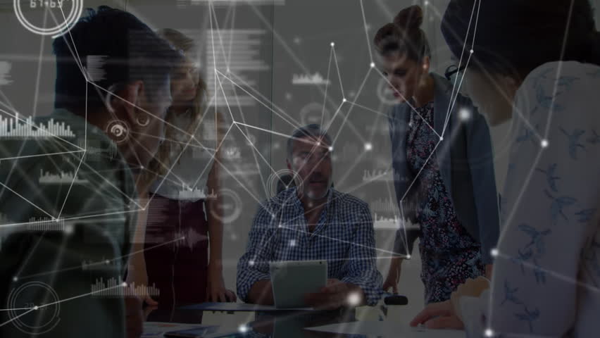 Project lead tapping tablet showing animated charts as colleagues reviewing business data insights. Collaboration, teamwork, analytics, innovation, networking, corporate, presentation