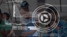 Friends tapping screens under swing on lawn, initiating HUD overlay displaying code for technology. Children, digital, modern, technology, innovation, outdoor, entertainment - Powered by Shutterstock - Get 15% off with code: PIKWIZARD15