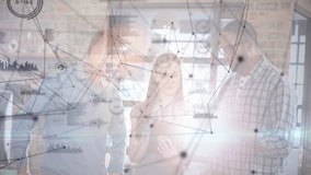 Three colleagues glancing down at tablet and activating network data overlay for tech collaboration. Collaboration, teamwork, innovation, digital, networking, modern, professional - Powered by Shutterstock - Get 15% off with code: PIKWIZARD15