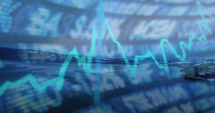 Opening coastal shot starting ticker scrolling, pulsing chart rising, falling showing market shifts. Seascape, financial, market, analytics, technology, coastal, tranquil