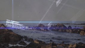 Dusk shoreline starting binary streaming over waves forming panels, tickers plotting market data. Seascape, data visualization, digital overlay, financial technology, tranquil environment, futuristic, - Powered by Shutterstock - Get 15% off with code: PIKWIZARD15