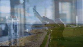 executive tapping screen and animating financial charts over coastal road and desk for analysis. Technology, finance, analytics, digital, innovation, investment, business - Powered by Shutterstock - Get 15% off with code: PIKWIZARD15