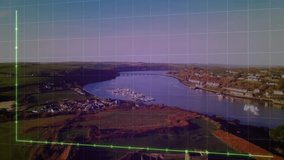 Animated green line-chart opening over coastal view with grid, plotting jagged line then collapsing. Seascape, data visualization, analytics, digital overlay, landscape, modern design, information - Powered by Shutterstock - Get 15% off with code: PIKWIZARD15