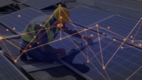 Technician reaching spirit level activating overlay while leveling solar panels ensuring accuracy. Renewable, installation, precision, technology, maintenance, engineering, infrastructure - Powered by Shutterstock - Get 15% off with code: PIKWIZARD15