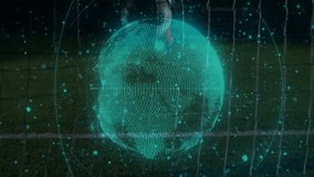 Player kicking soccer ball through rotating digital globe hologram into net for sports tech demo. Futuristic, technology, innovation, digital, sport, motion, energy - Powered by Shutterstock - Get 15% off with code: PIKWIZARD15