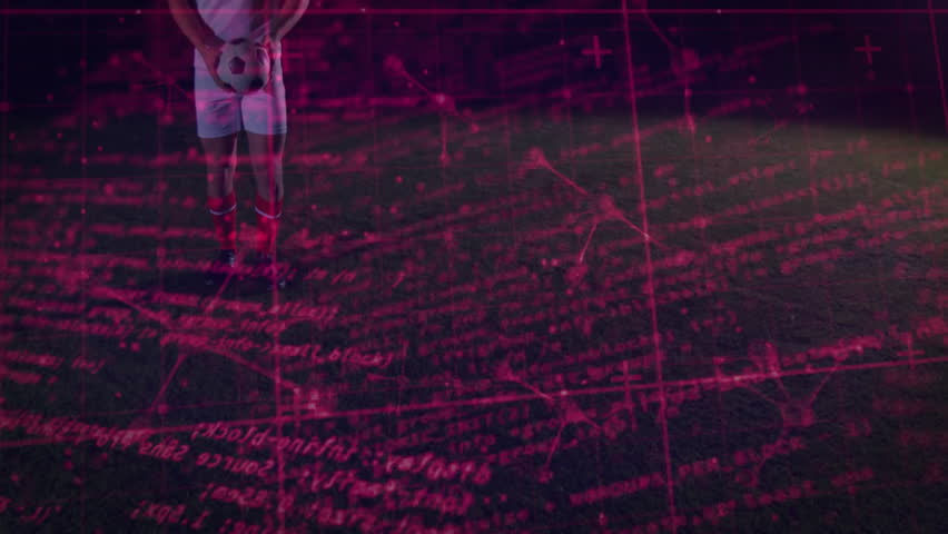 Shifting ball to thigh, soccer player juggling with red grid-helix tracing for sports analytics. Athletic, technology, futuristic, motion, performance, training, digital - Powered by Shutterstock - Get 15% off with code: PIKWIZARD15