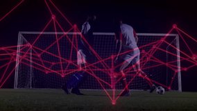 Two soccer players contesting ball, sports analytics overlay pulsing and analyzing tactical duel. Athletics, competition, digital, technology, teamwork, strategic, nocturnal - Powered by Shutterstock - Get 15% off with code: PIKWIZARD15