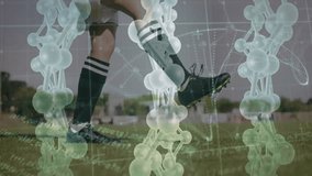 Shifting DNA overlay showing tech, soccer player entering near ball adjusting stance kicking ball. Athletic, motion, futuristic, sports, outdoor, precision, dynamic - Powered by Shutterstock - Get 15% off with code: PIKWIZARD15