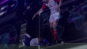 male soccer player dribbling and dodging sliding tackle to keep ball with 3D sports tech overlay. Athletic, competitive, futuristic, digital, strategy, motion, determination - Powered by Shutterstock - Get 15% off with code: PIKWIZARD15