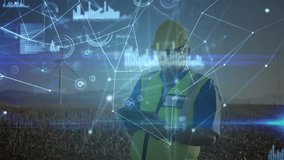 Technician reacting to intensifying overlay at wind farm, tapping tablet for monitoring data charts. Technology, innovation, renewableenergy, data visualization, industry, digital interface, outdoor - Powered by Shutterstock - Get 15% off with code: PIKWIZARD15