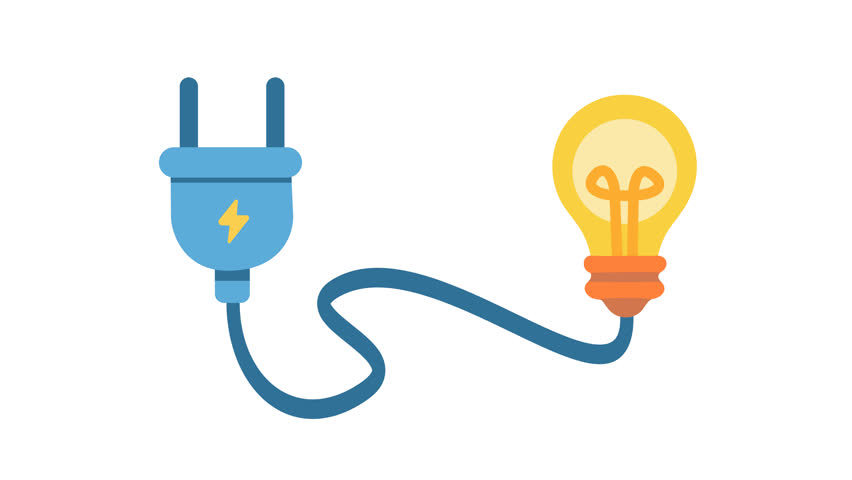 Electricity plug and light bulb logo in cartoon animation. Power source connection icon. Energy supply and idea generation symbol. Alpha channel. Seamless looping.