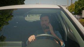 Angry annoyed stressed Caucasian businessman driver mad displeased male guy man driving car road in city talking mobile phone problem conflict shout quarrel call smartphone inside automobile drive - Powered by Shutterstock - Get 15% off with code: PIKWIZARD15